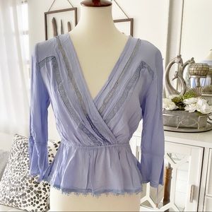 Light Blue Long Sleeve Boho Blouse Floral Lace Top